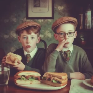 Boys eating a hand sandwich